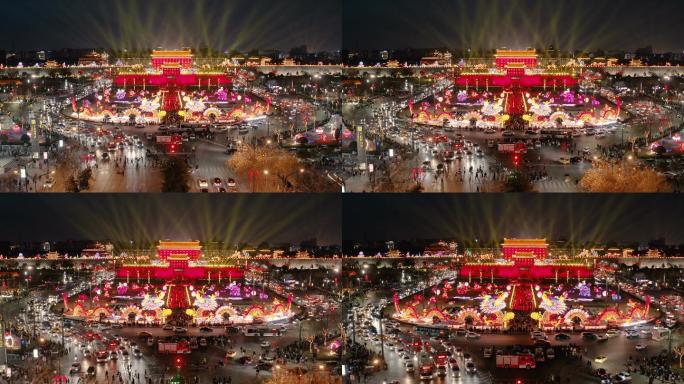 中国陕西西安庆祝春节古城墙南门鸟瞰图