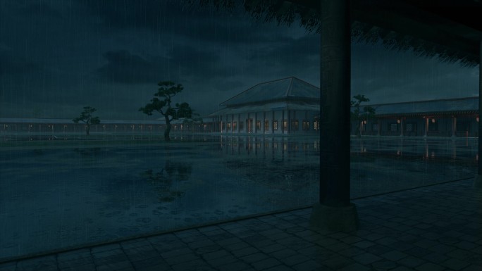 大全景 古代宫殿建筑 雨夜闪电 三维