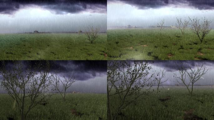 城市远景 旷野草地 乌云 闪电大雨 三维