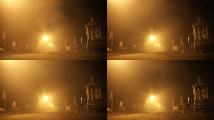 雾蒙蒙的夜晚，古老的墓地。恐怖场景