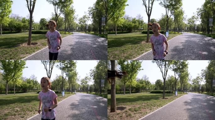 4K升格清晨在公园锻炼身体跑步的中国女孩