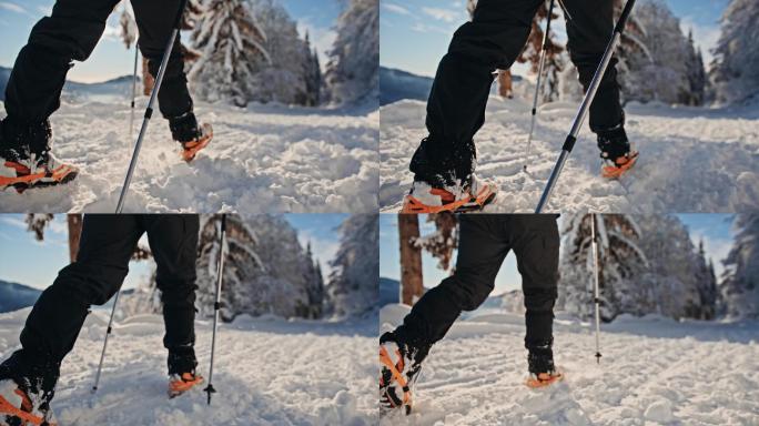 阳光明媚的日子里，斯洛莫徒步旅行者和冰爪在雪地里散步