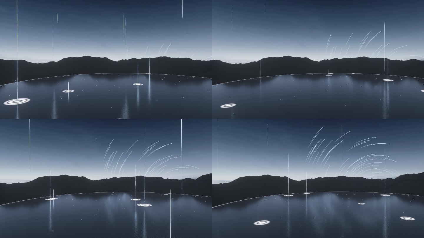 夜晚旋转星空雨点落到寂静湖面写意动态视频