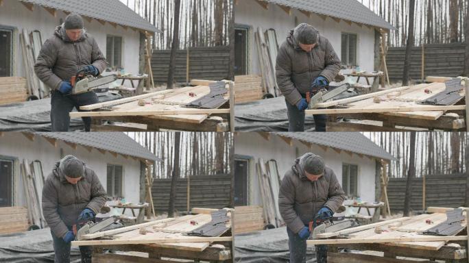 木匠用电锯锯切松板。