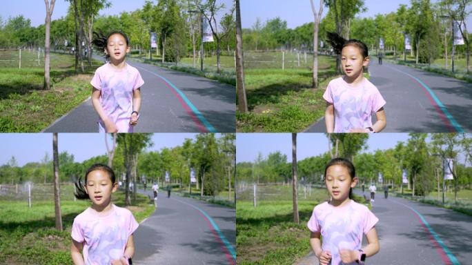 4K升格清晨在公园锻炼身体跑步的中国女孩