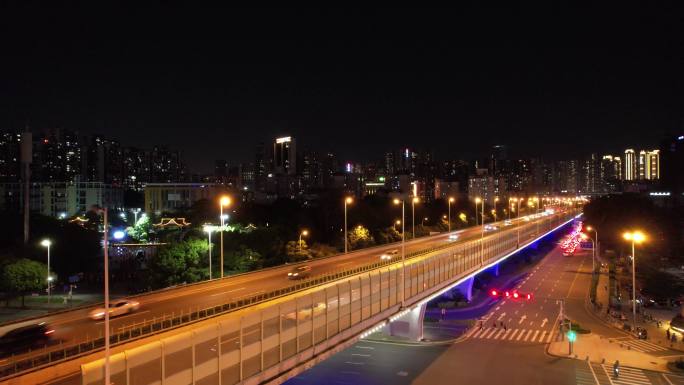 城市夜晚交通深圳布龙路航拍升镜头