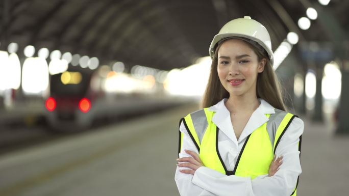 火车站交叉双臂微笑的女工程师肖像