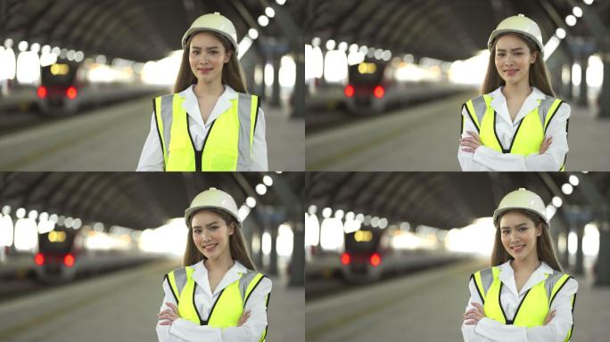 火车站交叉双臂微笑的女工程师肖像