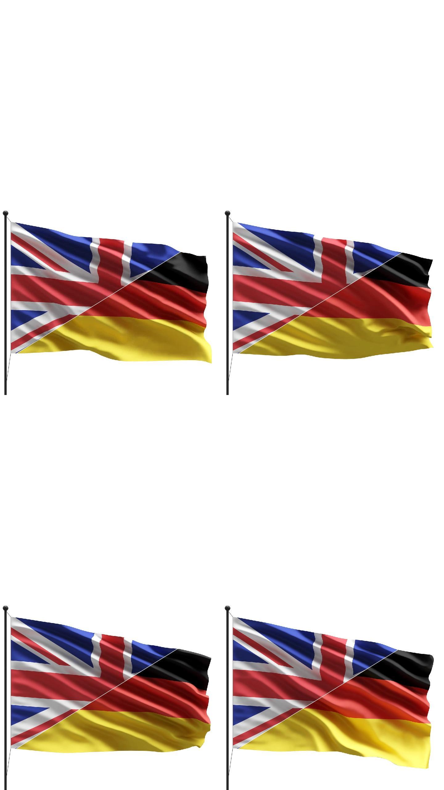 风中的英国和德国国旗在白色背景上隔离，带有复制空间