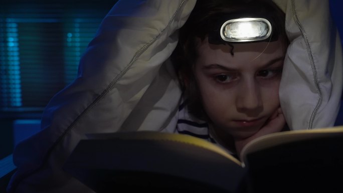 小男孩用手电筒在书皮下看书