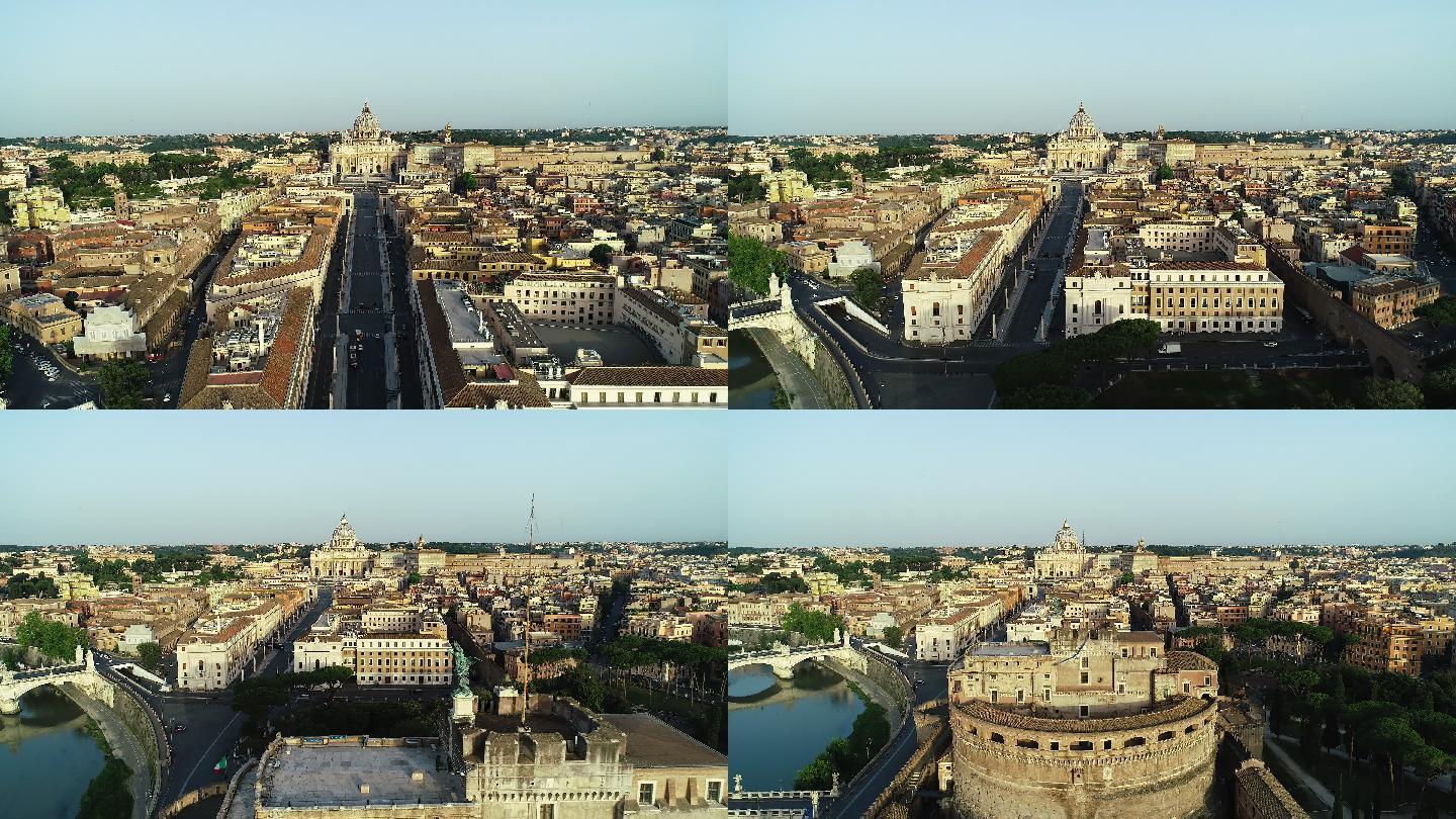 梵蒂冈城、圣天使城堡和特维尔河鸟瞰图。4K