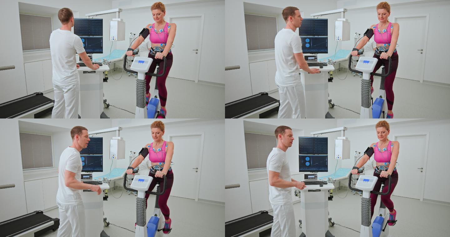 LD医生监督一名中年女性在自行车上进行的心脏压力测试
