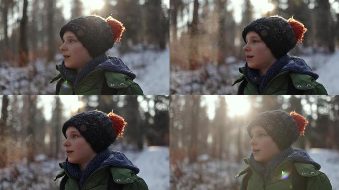 小男孩在美丽的冬季森林中徒步旅行的肖像。