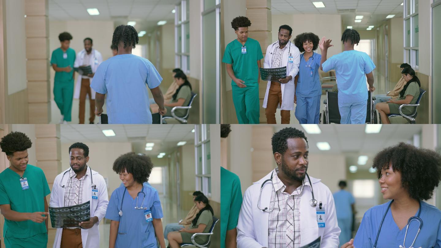 一群医生拿着X光照片进行讨论、头脑风暴并沿着医院走廊行走。一位年轻的女性医护人员向另一位推着轮椅穿过