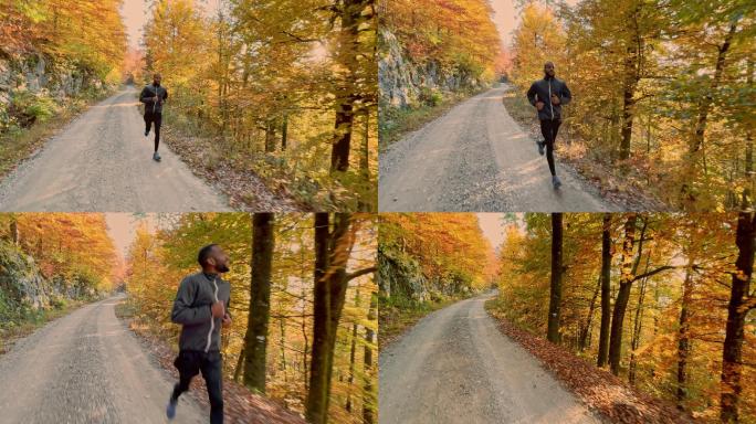 秋天，男人在阳光明媚的森林里慢跑
