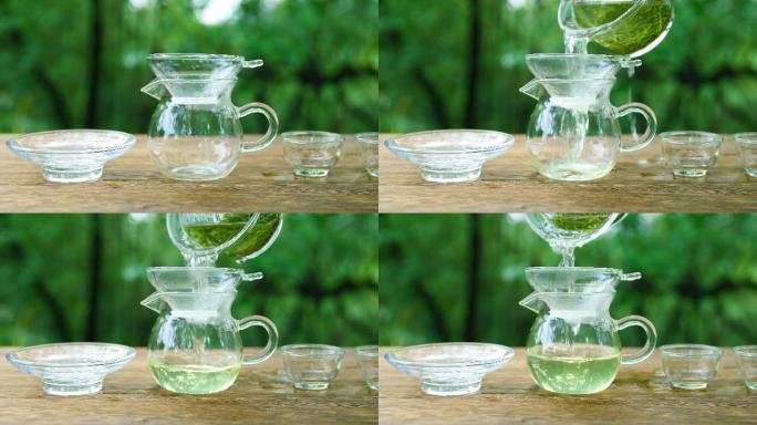 喝中国绿茶倒水倒茶泡茶气泡