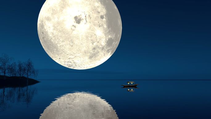 湖边月夜小船