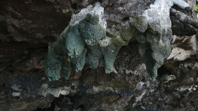 泰国石灰岩岩溶壁上悬挂的钟乳石