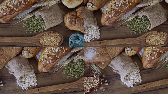 慢镜头拍摄一组新鲜面包和烘焙食品的特写镜头。手工面包店