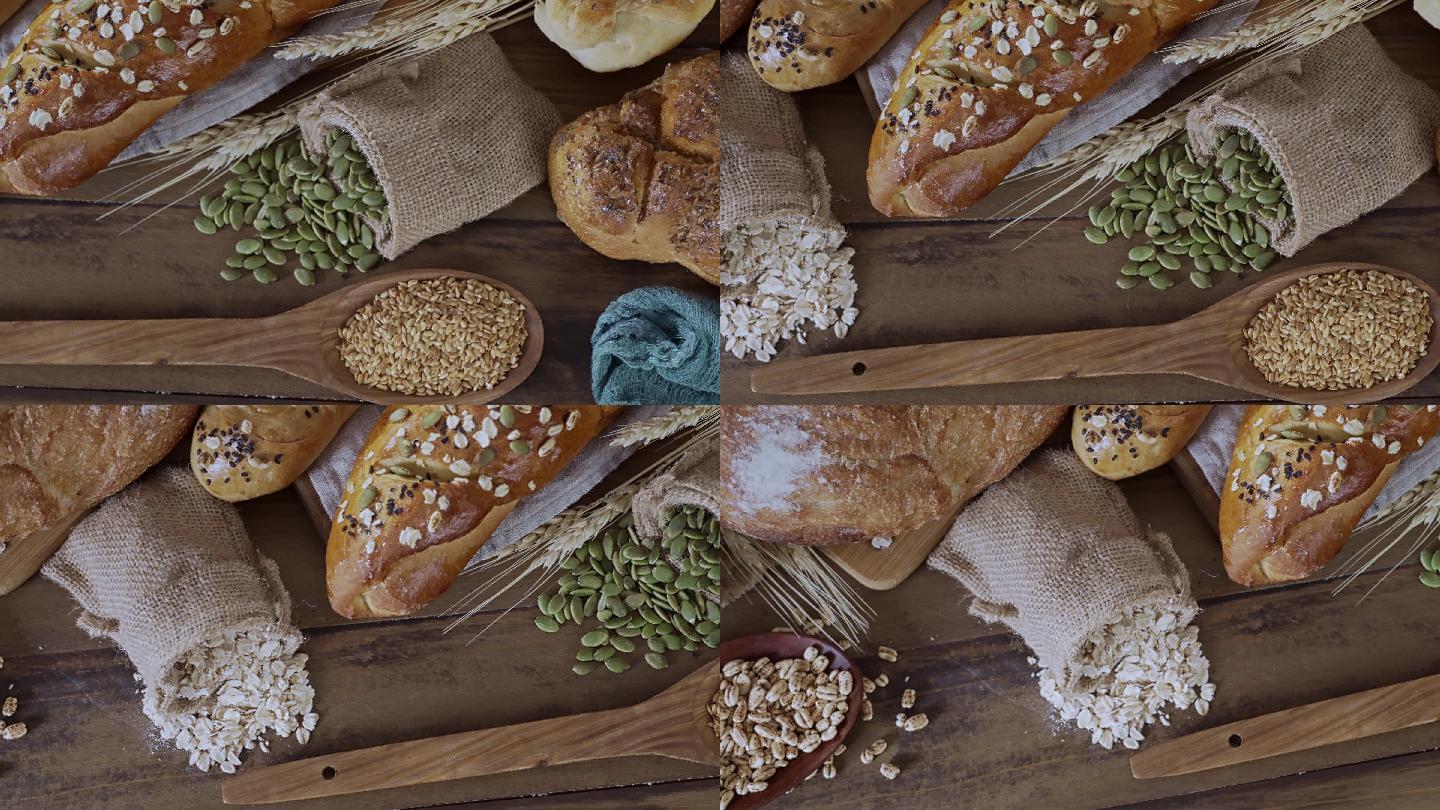 慢镜头拍摄一组新鲜面包和烘焙食品的特写镜头。手工面包店