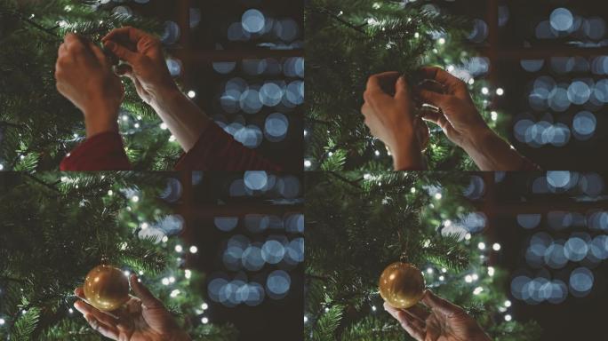 特写：一位女士用灯在圣诞树上悬挂装饰品