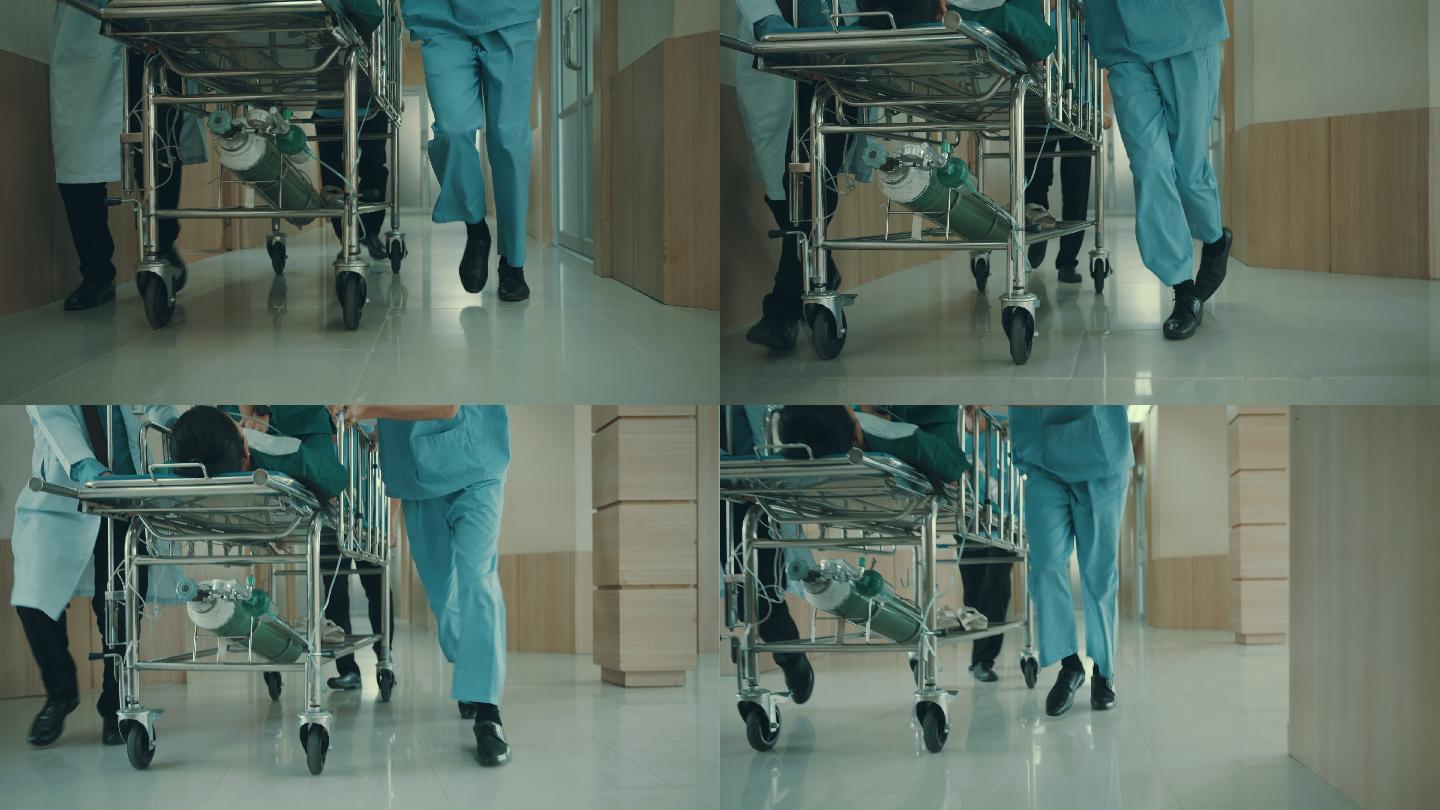医疗队的低角度视角将躺在床上的患者推过走廊进入手术室。