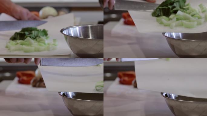 切丁切片白菜甜椒蘑菇洋葱在家里厨房准备食物炒切碎剥皮搅拌新鲜有机蔬菜和肉类视频系列