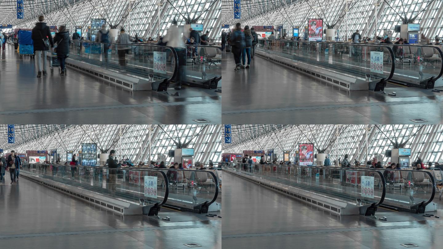 中国上海浦东国际机场航站楼高峰时段人群乘客和游客在自动扶梯走道上行走的4K延时，旅游和运输概念