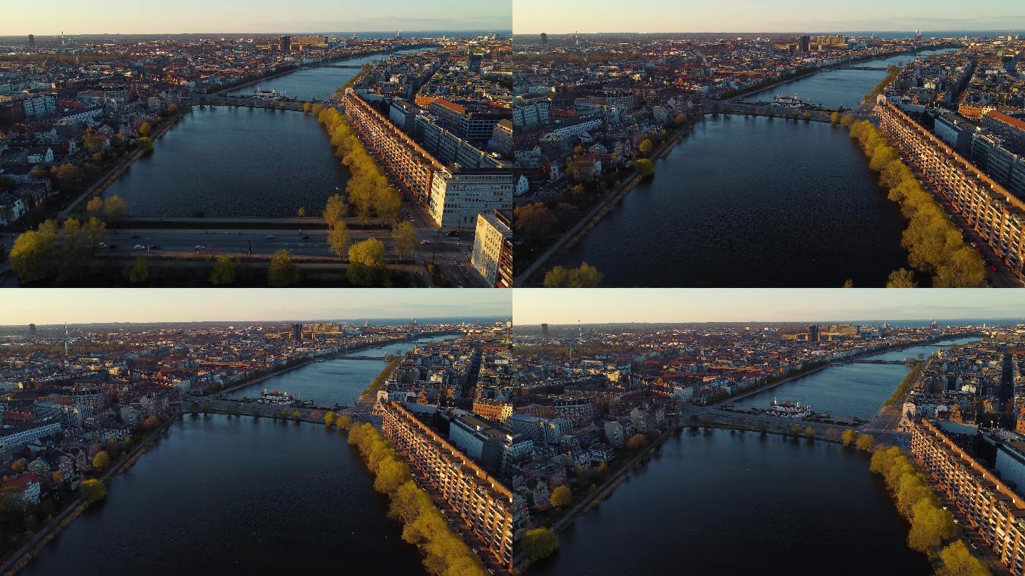 哥本哈根湖航拍城市国外建筑国外宣传片素材