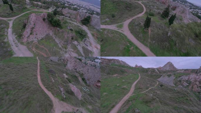 雅典北部普赛奇科（Psychiko）废弃采石场4K的快速航空FPV镜头，乌云密布-普赛奇科（Psyc