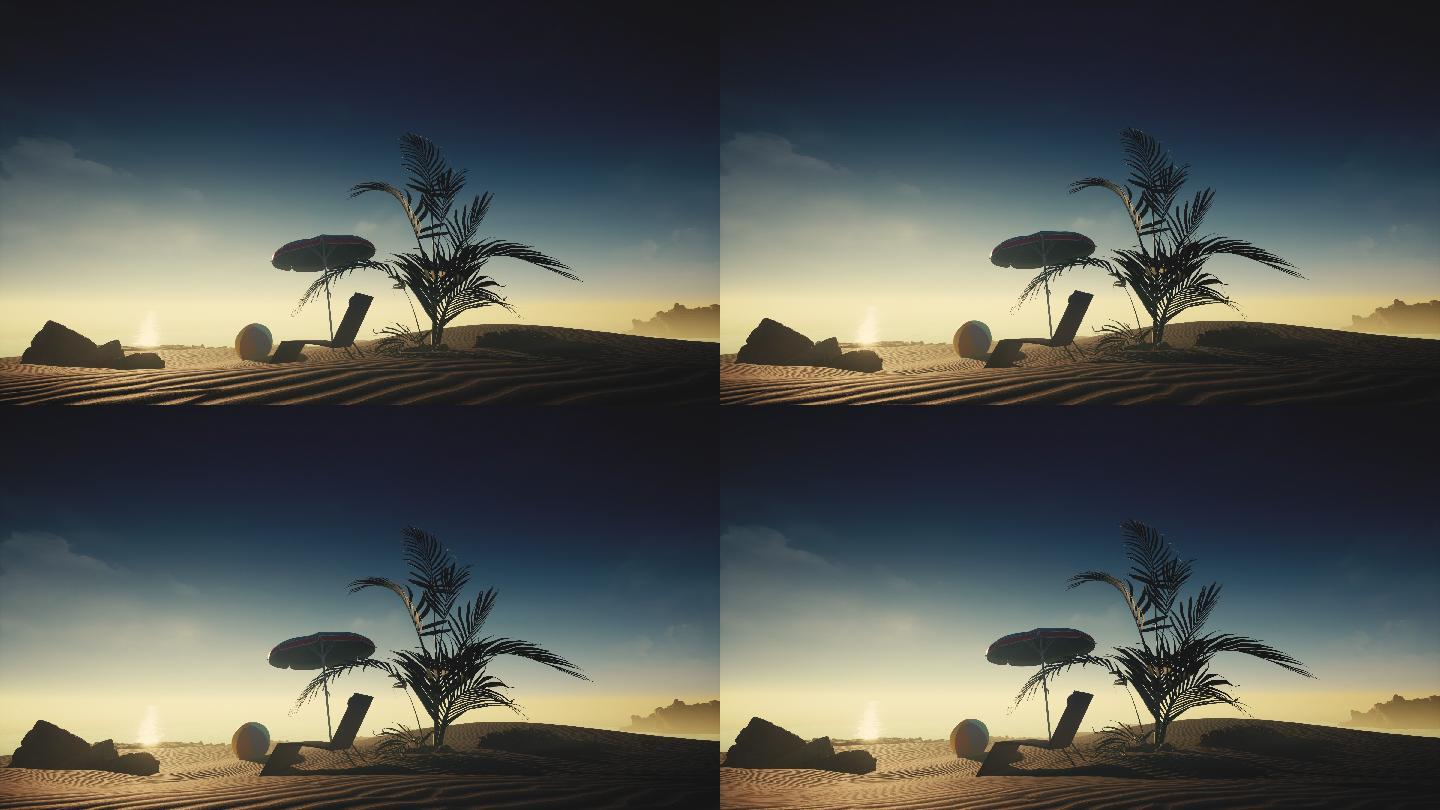 沙滩场景。日落时的孤独海滩。沙漠上的海滩设备。沙漠中的绿洲。