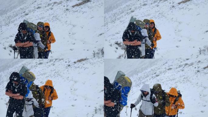 大雪中休息的徒步旅行者挑战自我