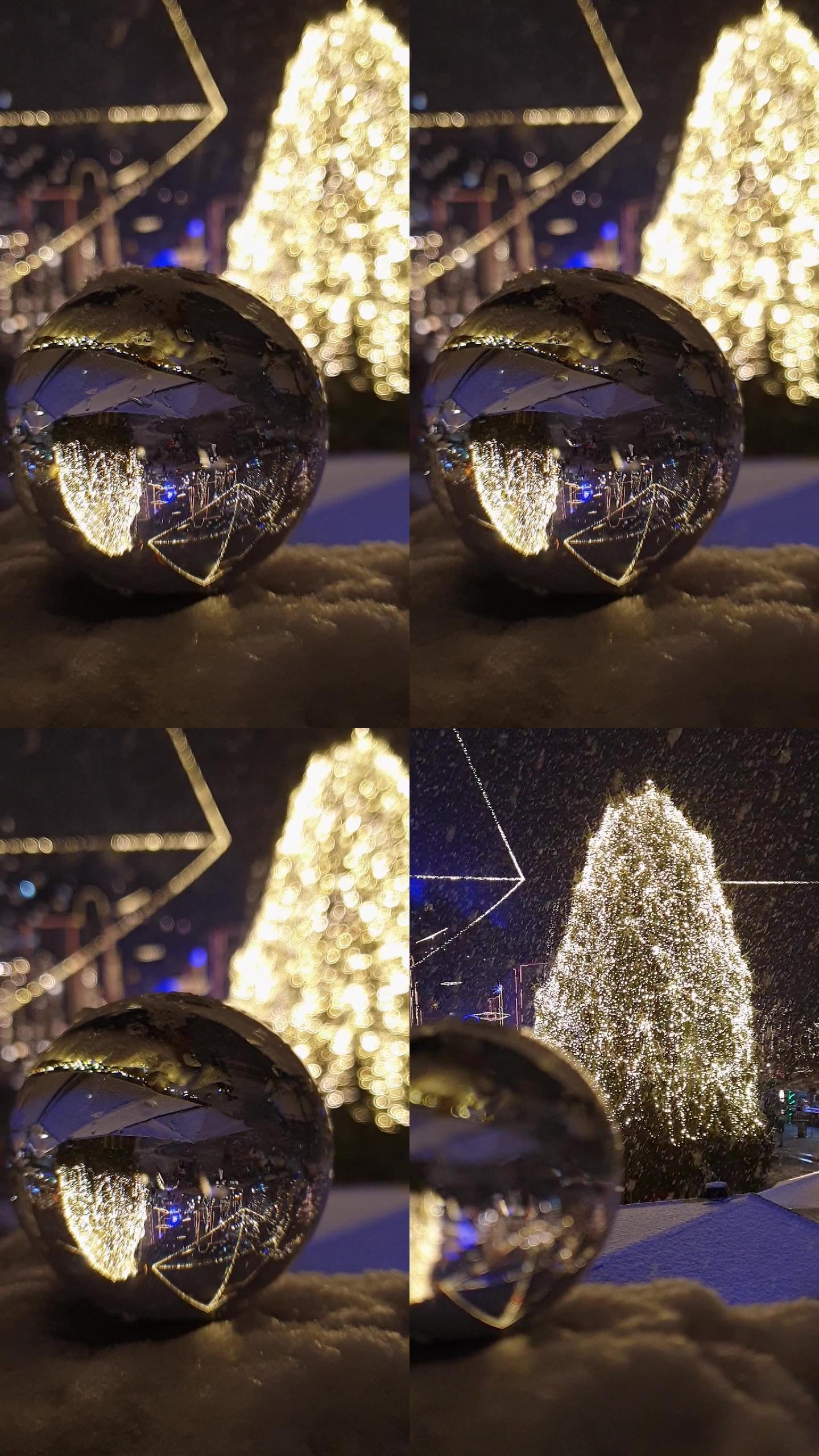 节日灯火通明的卢布尔雅那下雪-水晶球前