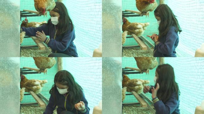 一个农家女孩戴着防新冠病毒的口罩，走进鸡舍收集当天的鸡蛋