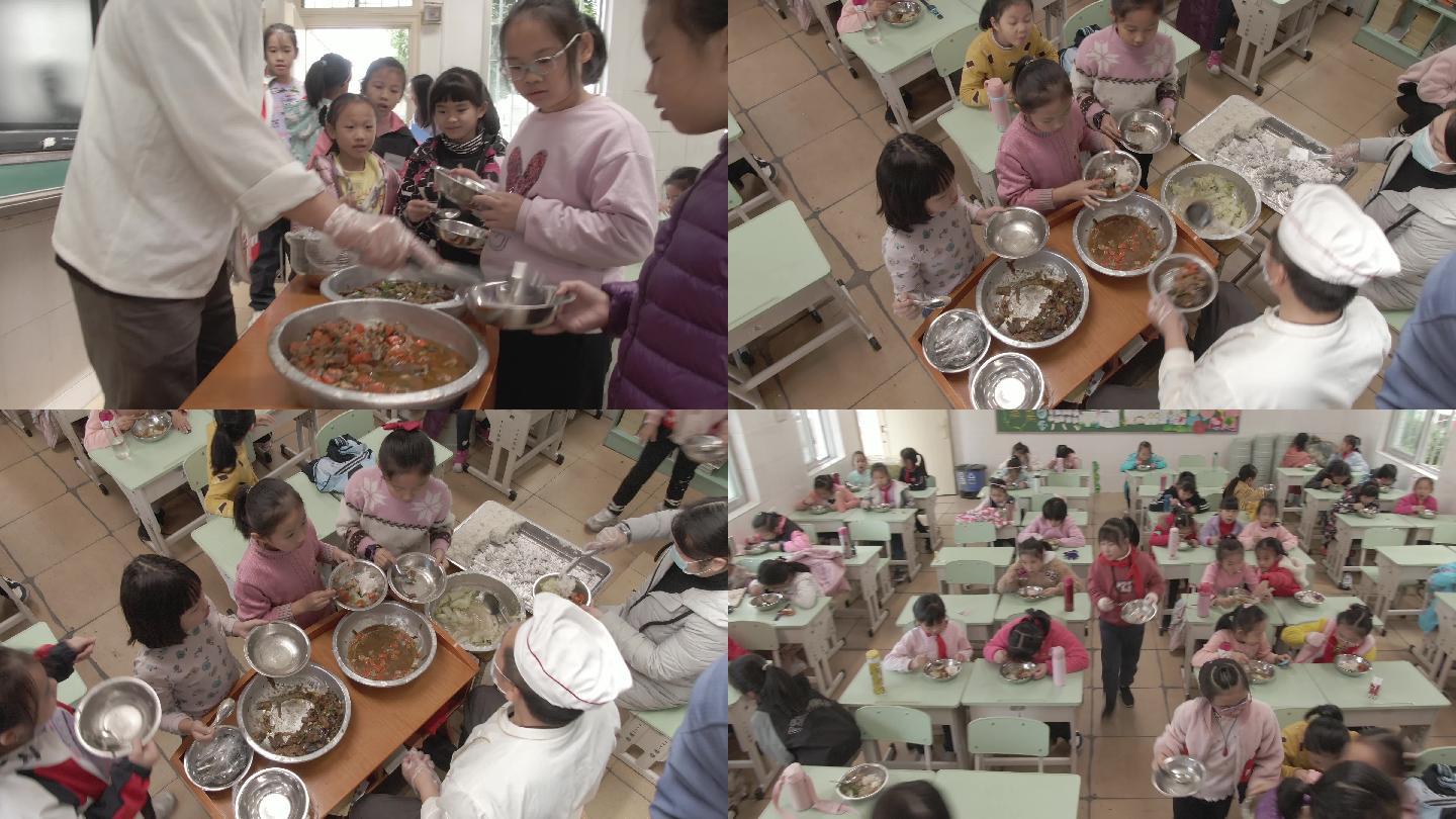 小学生就餐教室打饭排队用餐