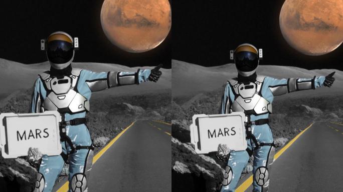寻找火星之旅的宇航员。在月球上的山路上搭便车。持有“火星”标志