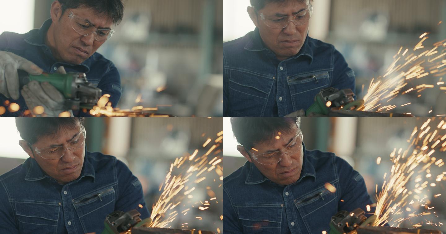 特写SLO-MO——铁匠打磨金属时火花四溅。