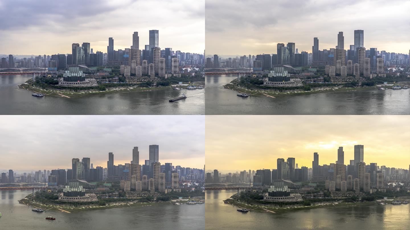 重庆江北区CBD沿岸高楼日落延时摄影