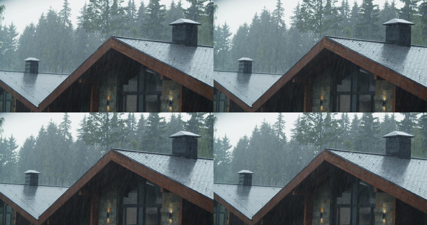 大雨倾泻在屋顶上下雨