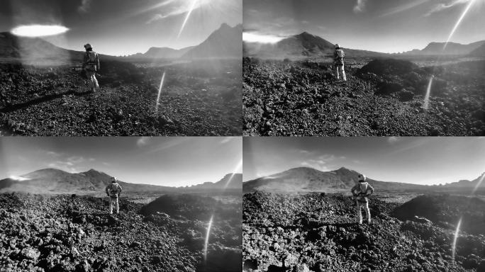 在月球上散步。女宇航员探索灰色山脉。看着干燥的火山景观