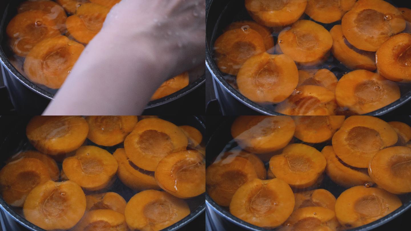把杏子放在锅里。果实果肉杏儿