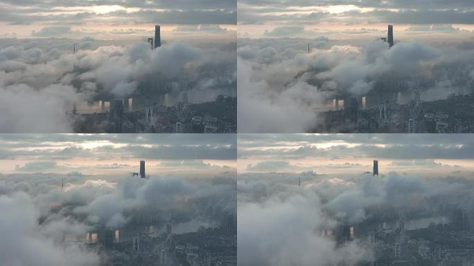 4K原素材-航拍清晨云雾中的上海城市全景