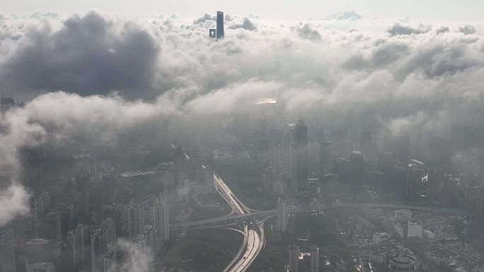 4K原素材-航拍清晨云雾中的上海城市全景