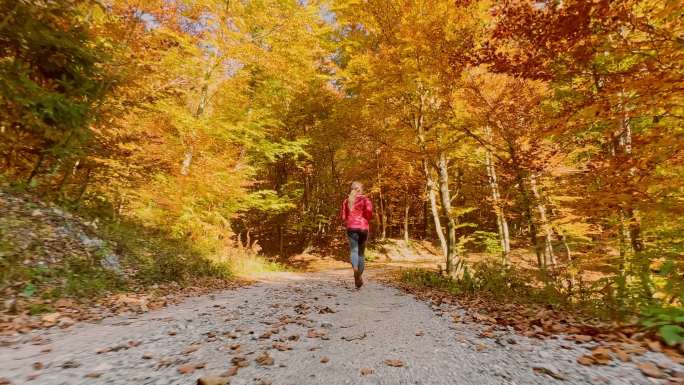 TS女亚军在秋天的一条砾石森林路上跑步