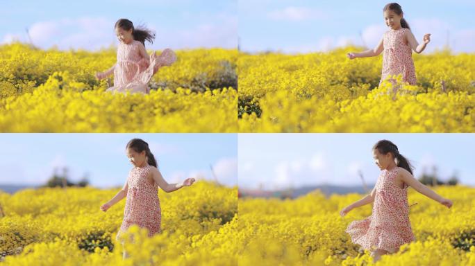 亚洲女孩在黄色花丛中奔跑