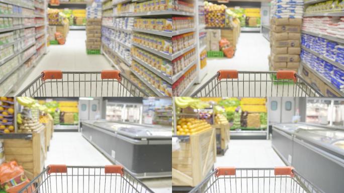在超市推购物车水果采购