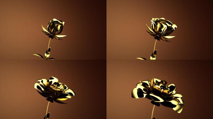 金色玫瑰花瓣张开散发粒子3D动画广告素材