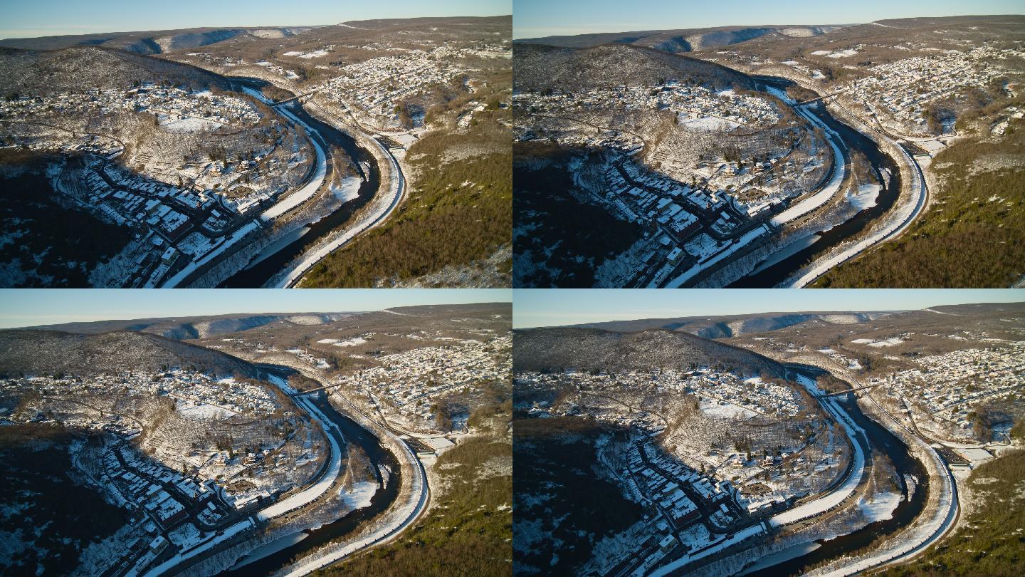 降雪后的冬天，熊山、利海河和吉姆·索普的高空鸟瞰图。