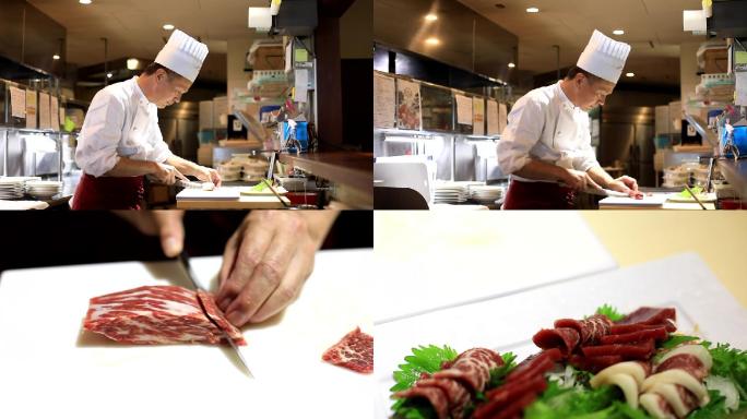 日本厨师制作马肉的空镜