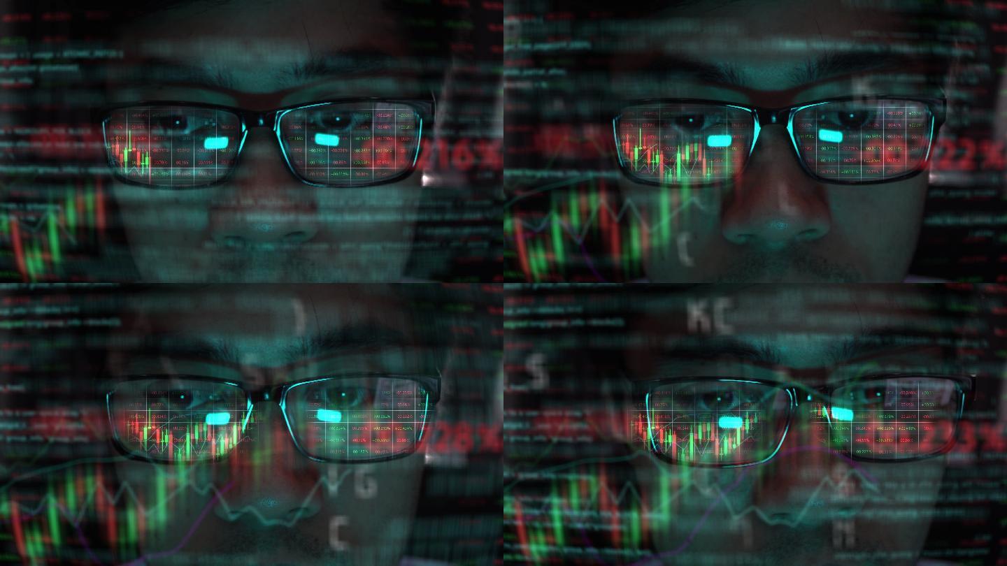 一位亚洲年轻人的特写股票视频剪辑，眼镜上有数字图表加密货币图表的数据，显示利率上下波动